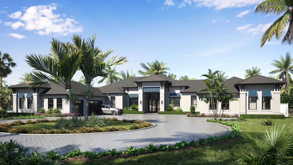 Rendering of a West-Indies inspired 4,000 square foot home to be built in the niche neighborhood of Ultimate Ski Lake in Estero, FL.